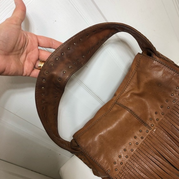 Gianni Bini Brown Leather Vintage Studded Hobo Magnetic Closure Fringe Bag Purse - Picture 7 of 16